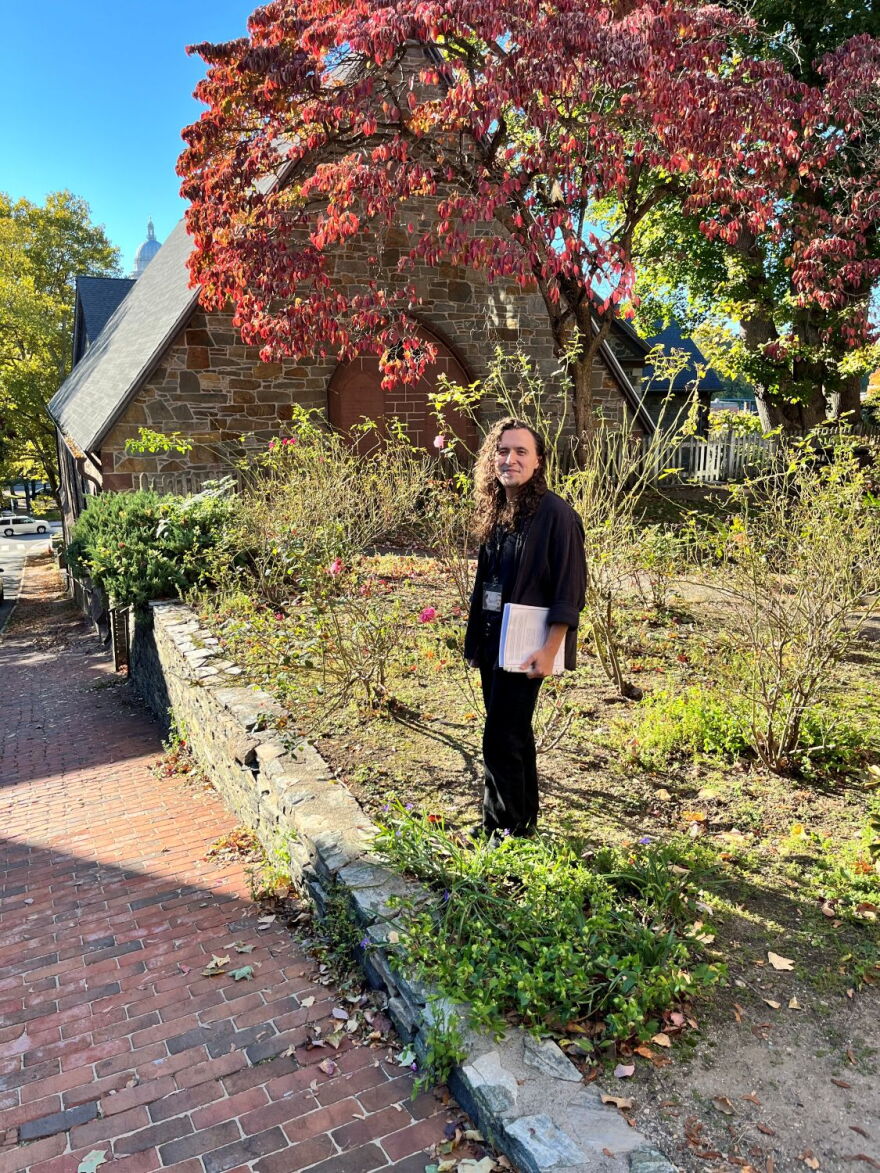 Levi Leland takes tour goers to the rose garden where Edgar Allan Poe first saw Sarah Helen Whitman