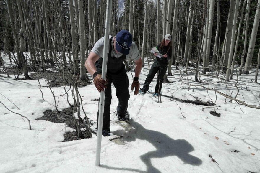 Clinton Whitten and hydrologist Maureen Gutsch, back, measure snow, Monday, March 30, 2026, in Kremmling, Colo.