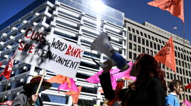 Climate activists protest outside the World Bank headquarters against fossil fuel projects during the IMF and World Bank annual meetings in Washington, DC on Oct. 14, 2022. (Olivier Douliery/AFP via Getty Images)