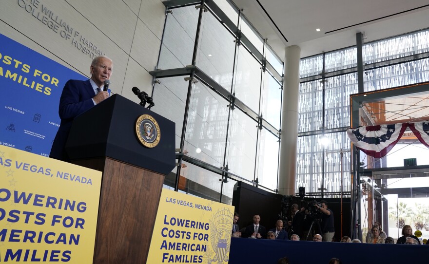 President Joe Biden speaks about health care and prescription drug costs at the University of Nevada, Las Vegas, Wednesday, March 15, 2023, in Las Vegas.