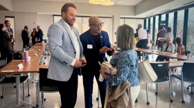 D. Rashaan Gilmore (center), president and CEO of BlaqOut, spoke with Stacy Mayer, CEO of Seton Center, and Ryan Hudnall, executive director of Della Lamb, after a March 20 roundtable discussion organized by Kansas City Mayor Quinton Lucas.
