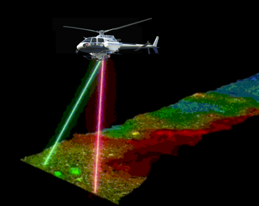  This graphic demonstrates how helicopter-mounted LiDAR surveys the land to generate centimeter-level elevation models capable of revealing subtle changes in terrain that determine where floodwaters collect and mosquito larvae develop. Those data allow field biologists to refine treatment areas with greater precision.