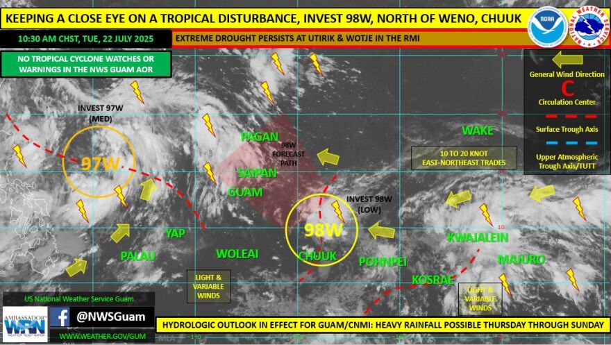 A satellite map shows a tropical disturbance located north of Chuuk