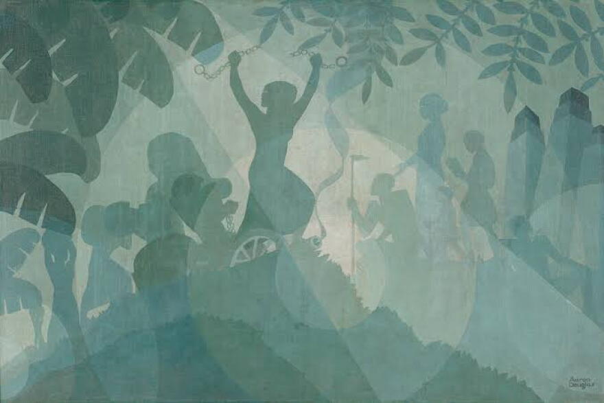 Painting depicts Harriet Tubman breaking shackles. 