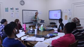 Teacher Jacinta Josephs, center, leads students in a vocabulary review activity at an LNA class of the International Institute of New England on Sept.9, 2025