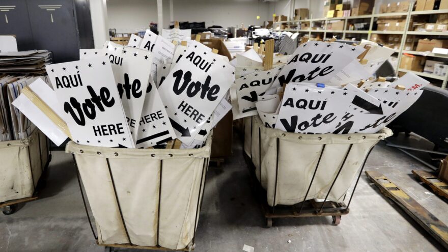 Bins of signs are seen at an election office in San Antonio, Texas. The first primaries of the 2018 elections are less than a month away, and the Department of Homeland Security held a classified briefing last week to further explain voter system threats to election directors and secretaries of sta