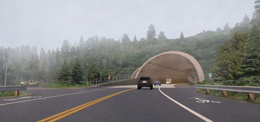 Rendering of vehicles entering the proposed Last Chance Grade tunnel on a forested section of Highway 101 in Northern California.
