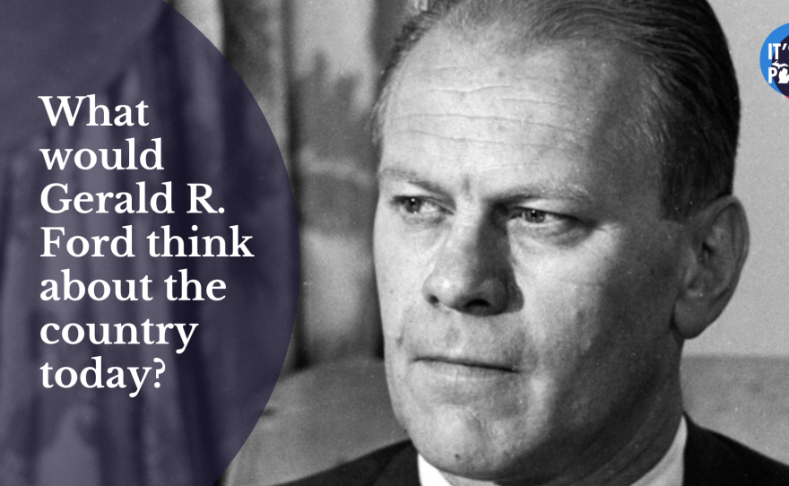 black and white photo of gerald ford with a text overlay asking "what would gerald r. ford think of the country today?"