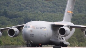 A plane sits on a runway at the 2010 Westfield International Air Show held at Barnes Air National Guard Base in Westfield, Massachusetts.