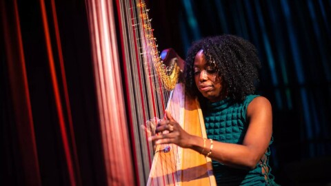 Harpist Brandee Younger performing during a KNKX session at Dimitriou's Jazz Alley in 2023.