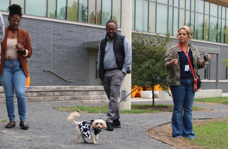Three adults stand outdoors as one holds a leash attached to a small dog wearing a black-and-white cow-print harness.