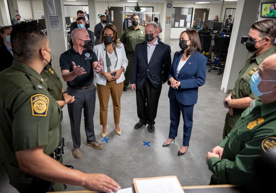 DHS Secretary Alejandro Mayorkas, Congresswoman Veronica Escobar (TX-16), Senator Dick Durbin (D-IL), and Vice President Kamala Harris in El Paso, June 25, 2021.