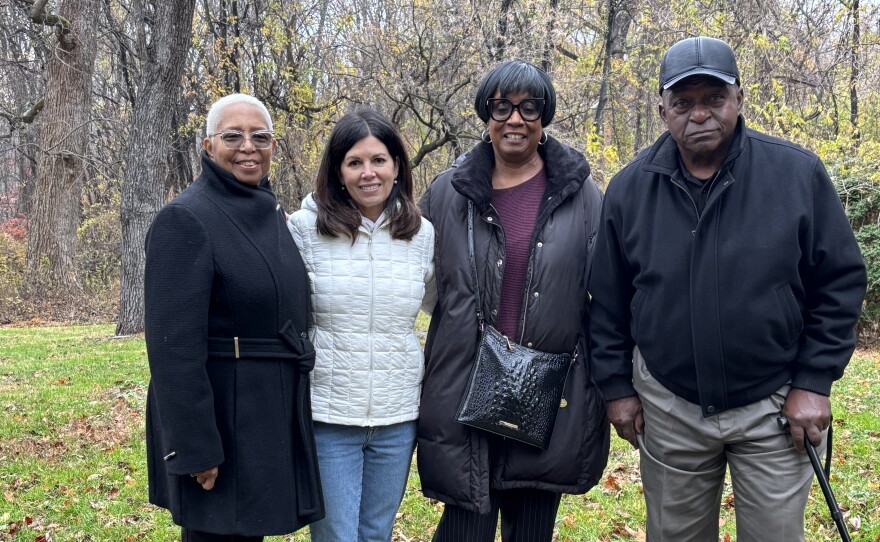 Wanda Watts, Julie Schablitsky, Pam Brogden and Larry Brogden at the site of the enslaved quarter at Belvoir.