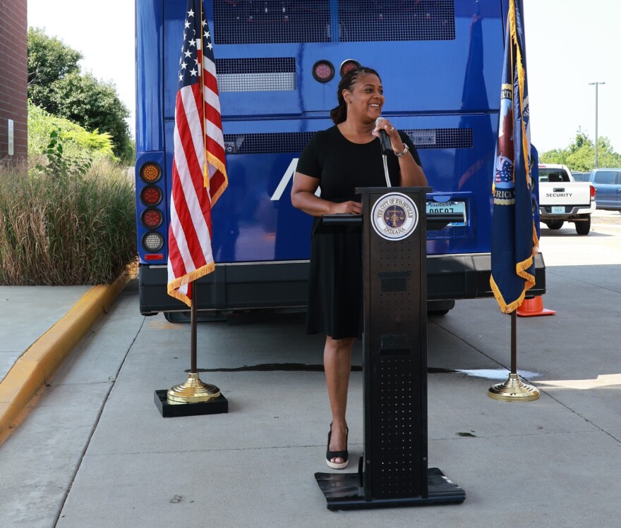 Evansville Mayor Stephanie Terry (D) announces the Patriot Pass program in front of a METS bus, July 27, 2026