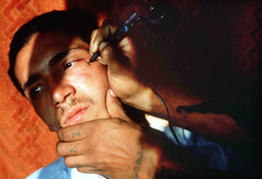 Los Angelos gang member being tattoed