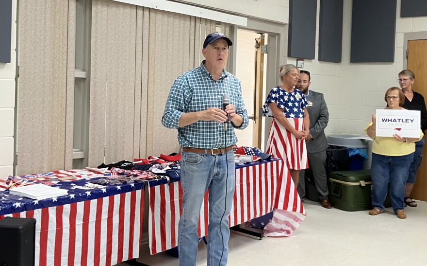 Republican Senate nominee Michael Whatley addresses supporters at the Waynesville Recreation Center on Saturday, July 18, 2026.