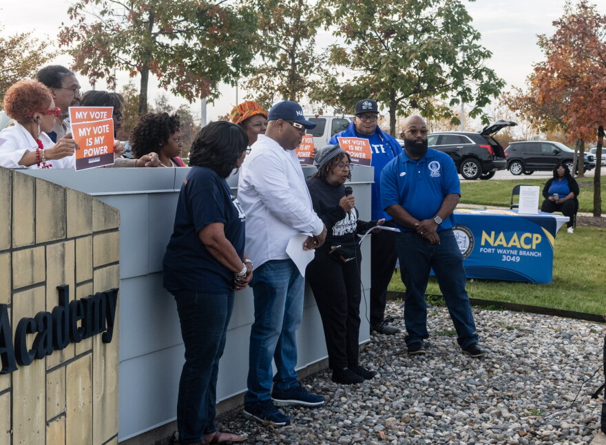 Steve Lanier, center, with the NAACP gathers with other organizers Monday, Oct. 26, 2026 at the Public Safety Academy to launch Souls to the Polls shuttle service for the midterm elections.