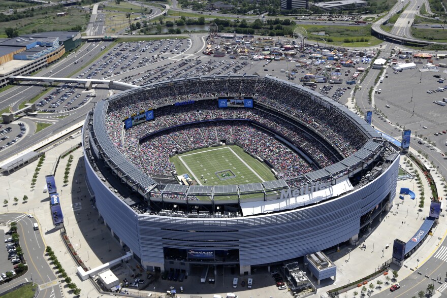 FILE - This is an aerial view showing MetLife Stadium in East Rutherford, N.J., June 20, 2014. The 2026 World Cup final will be at MetLife Stadium in East Rutherford, N.J., on July 19. FIFA made the announcement Sunday, Feb. 4, 2024, at a Miami television studio, allocating the opener of the 39-day tournament to Mexico City’s Estadio Azteca on June 11. (