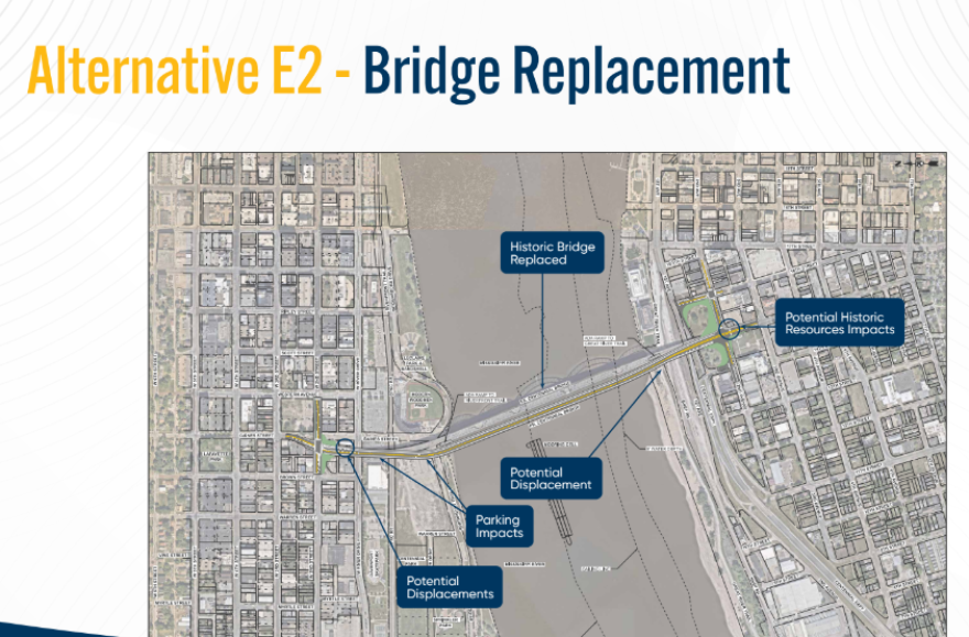 A map showing potential areas of impact with a new bridge built just west of the current Centennial.