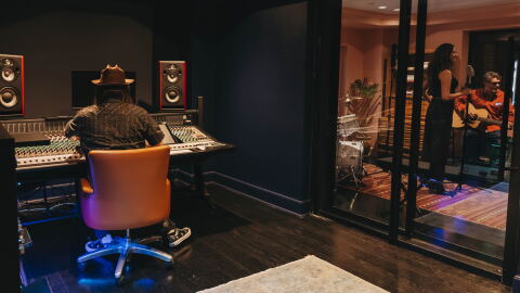 A recording engineer and musicians try out the new Gunter Studio at the Gunter Hotel in San Antonio, TX