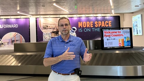 Asheville Regional Airport President and CEO Lew Bleiweis speaks to reporters in the new baggage claim area Thursday, April 16, 2026.