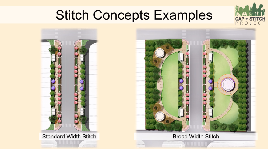 An overhead illustration showing a standard width stitch on the right and and broad width stitch on the left. The standard width stitch has a sidewalk protected from the road by a buffer with plants and trees on both sides of the sidewalk. The broad width stitch includes a small plaza and a lawn among other amenities.