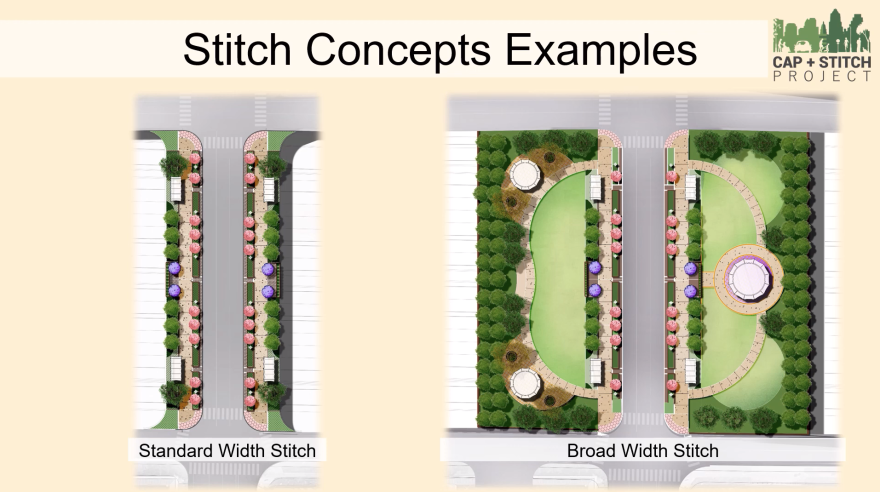 An overhead illustration showing a standard width stitch on the right and and broad width stitch on the left. The standard width stitch has a sidewalk protected from the road by a buffer with plants and trees on both sides of the sidewalk. The broad width stitch includes a small plaza and a lawn among other amenities. 