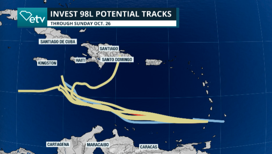 Most models agree that Invest 98L will stay over the Central Caribbean through the middle of the week as it becomes better organized.