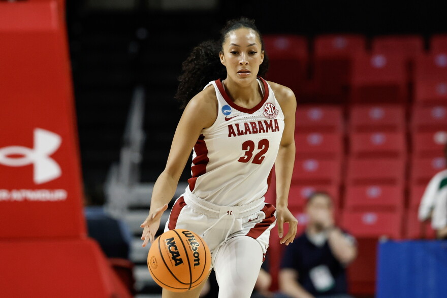 FILE - Alabama guard Aaliyah Nye brings the ball up court during the first half in the first round of the NCAA college basketball tournament against Green Bay in College Park, Md., March 22, 2025. (AP Photo/Terrance Williams, File)