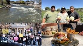 Four images from select 2025 KUNR stories, including the Truckee River, farmers, a 50501 demonstration in front of the state Capitol, and a closeup of a hamburger with fries.