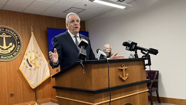 Attorney General Peter Neronha makes a point while discussing RI's healthcare crisis. Ian Donnis/Ocean State Media