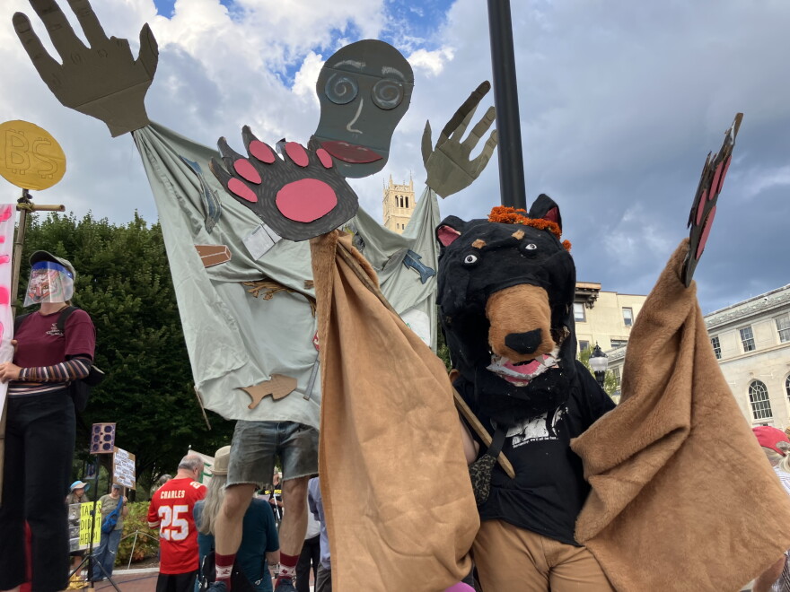 Costumed protesters during a demonstration in Asheville's Pack Square Friday, August 28, 2026.