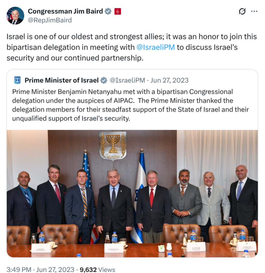 A screenshot of a post from Rep. Jim Baird’s X handle from his 2023 trip to Israel. Baird (second from right) pictured with Israel Prime Minister Benjamin Netanyahu and other delegates on the trip.