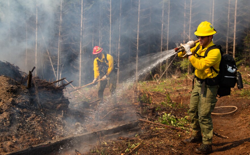  ODF crews work on a blaze outside Sweet Home, Oregon.