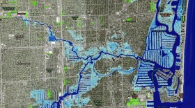 A NOAA map of inundation in Fort Lauderdale with four feet of sea level rise — a possibility by the end of the 21st century. Blue indicates water, green indicates low-lying areas. 