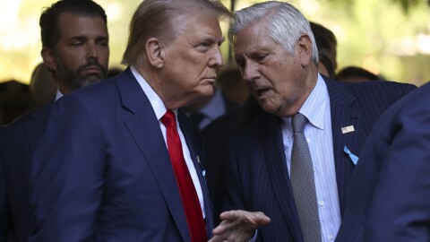 Nassau County executive Bruce Blakeman talks to Republican presidential nominee, former President Donald Trump during a 911 memorial ceremony in New York, Sept. 11, 2024. 
