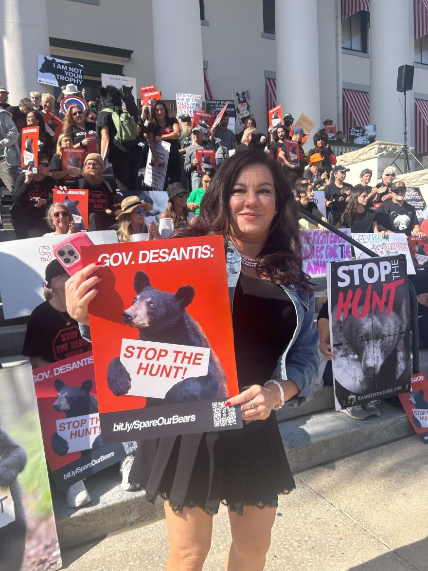 Raquel Levy, an attorney for Bear Warriors United, at the Monday, Nov. 17, 2025, rally against the bear hunt.