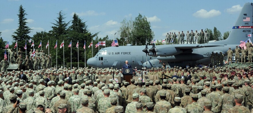 Pence addresses U.S. and Georgian troops participating in the joint multinational military exercise at an airbase outside Tbilisi on Tuesday.