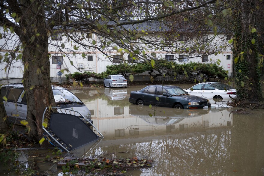 A flooded apartment complex along East Rio Vista Avenue is shown on Friday, December 12, 2025, in Burlington. 