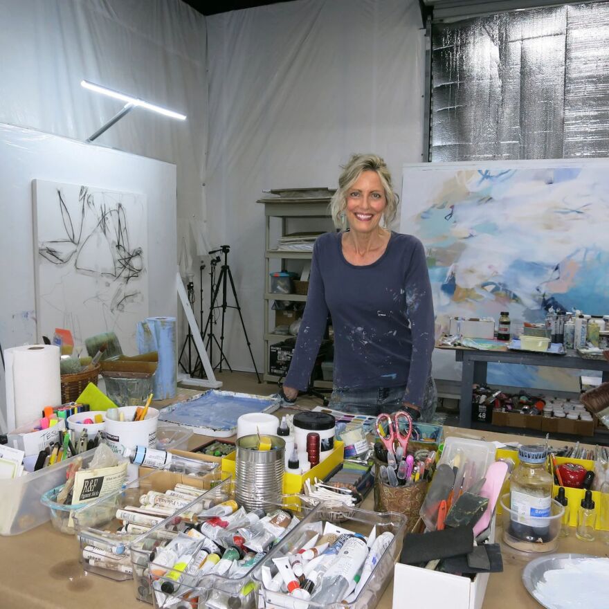 Abstract artist Cat Tesla in studio.