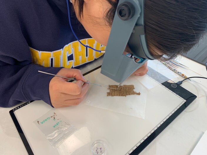 Papyrus Conservation Summer Seminar student Shijin (Giada) Jiang examines a papyrus fragment at the University of Michigan, Thursday, Aug. 6, 2026, in Ann Arbor, Mich. (AP Photo/Mike Householder)