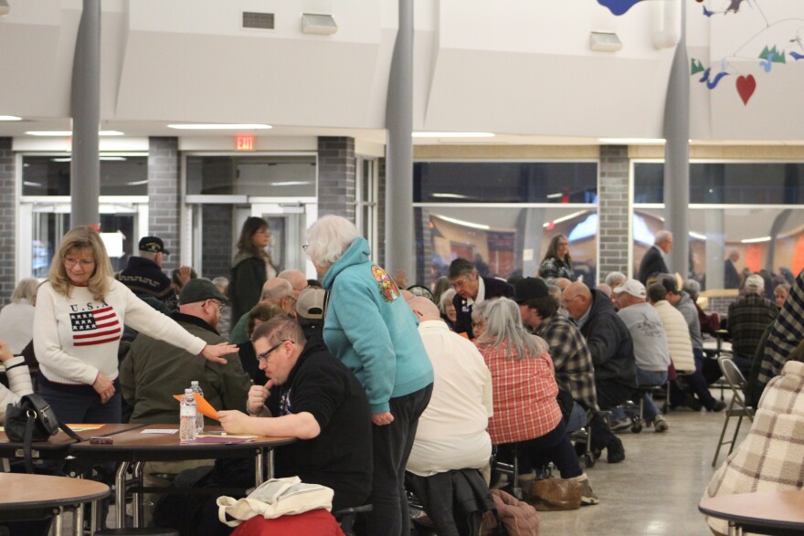 Republicans conduct party business Feb. 3, 2026, at Itasca County GOP precinct caucuses at Robert J. Elkington Middle School in Grand Rapids.