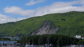 Saint Herman's harbor on Near Island on a sunny day, with Pillar Mountain in the background