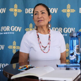 In this photo taken with a smartphone, Democratic gubernatorial nominee Deb Haaland answers questions during an interview at her campaign headquarters in Albuquerque, N.M., on Friday, Oct. 9, 2026.