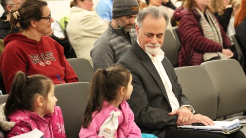 Kenai Peninsula Borough Mayor Peter Micciche talks to students during a school baord meeting on Monday, Mar. 2, 2026 in Soldotna, Alaska.