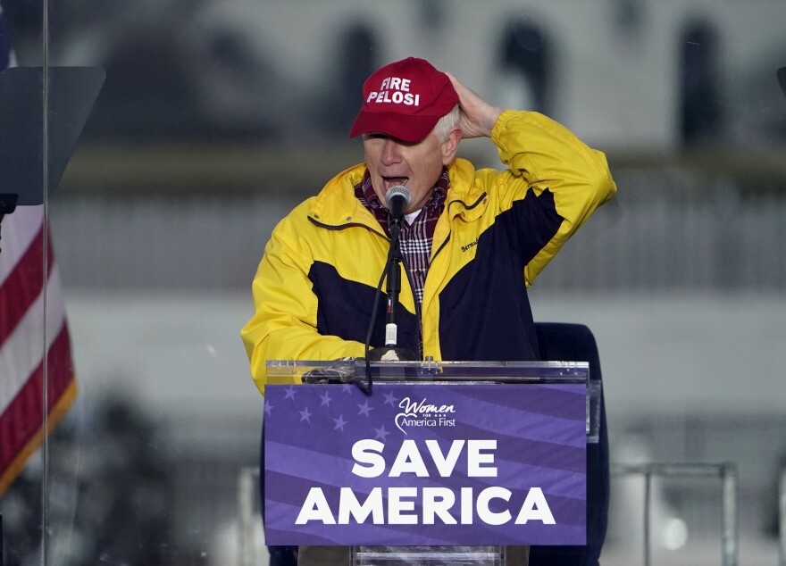 Rep. Mo Brooks, R-Ark., wears a "Fire Pelosi" hat as he speaks Wednesday, Jan. 6, 2021, in Washington, at a rally in support of President Donald Trump called the "Save America Rally." (AP Photo/Jacquelyn Martin)