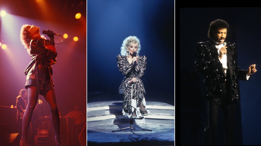 Pat Benatar in Paris on January 12th, 1983. Dolly Parton on 'Dolly,' in 1987. Lionel Richie at the American Music Awards, 1985.