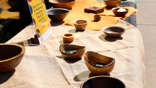 Bowls for sale at a previous Empty Bowls fundraiser for Ozarks Food Harvest in Springfield, Mo.