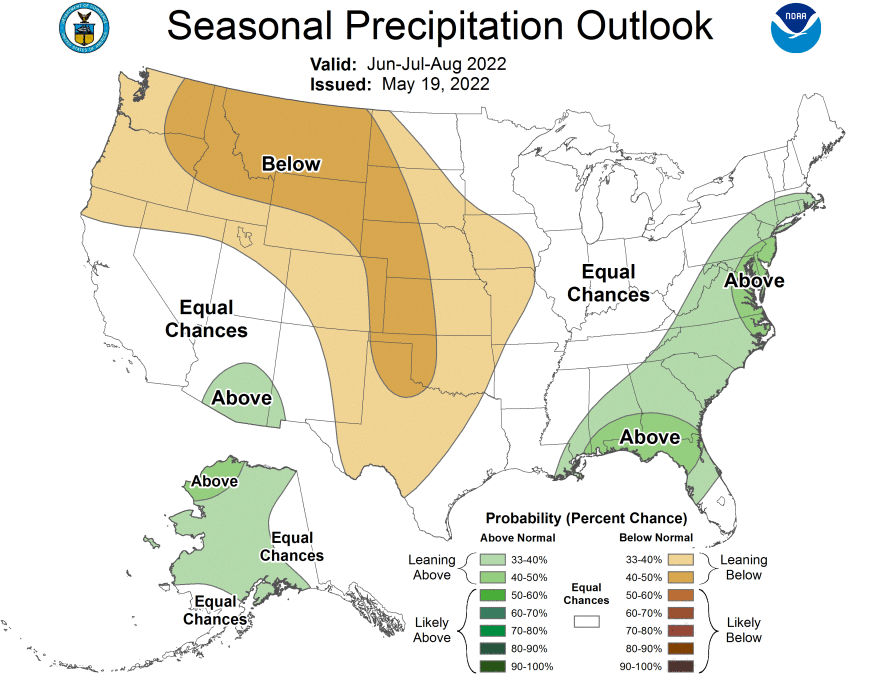 Seasonal precipitation outlook through August 2022.