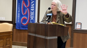 Rosemary Shields, of the League of Women Voters of the Cape Cod Area, questions a Holtec representative about the possibility that the company could go to federal court seeking to discharge wastewater into Cape Cod Bay. Sept. 28, 2026.